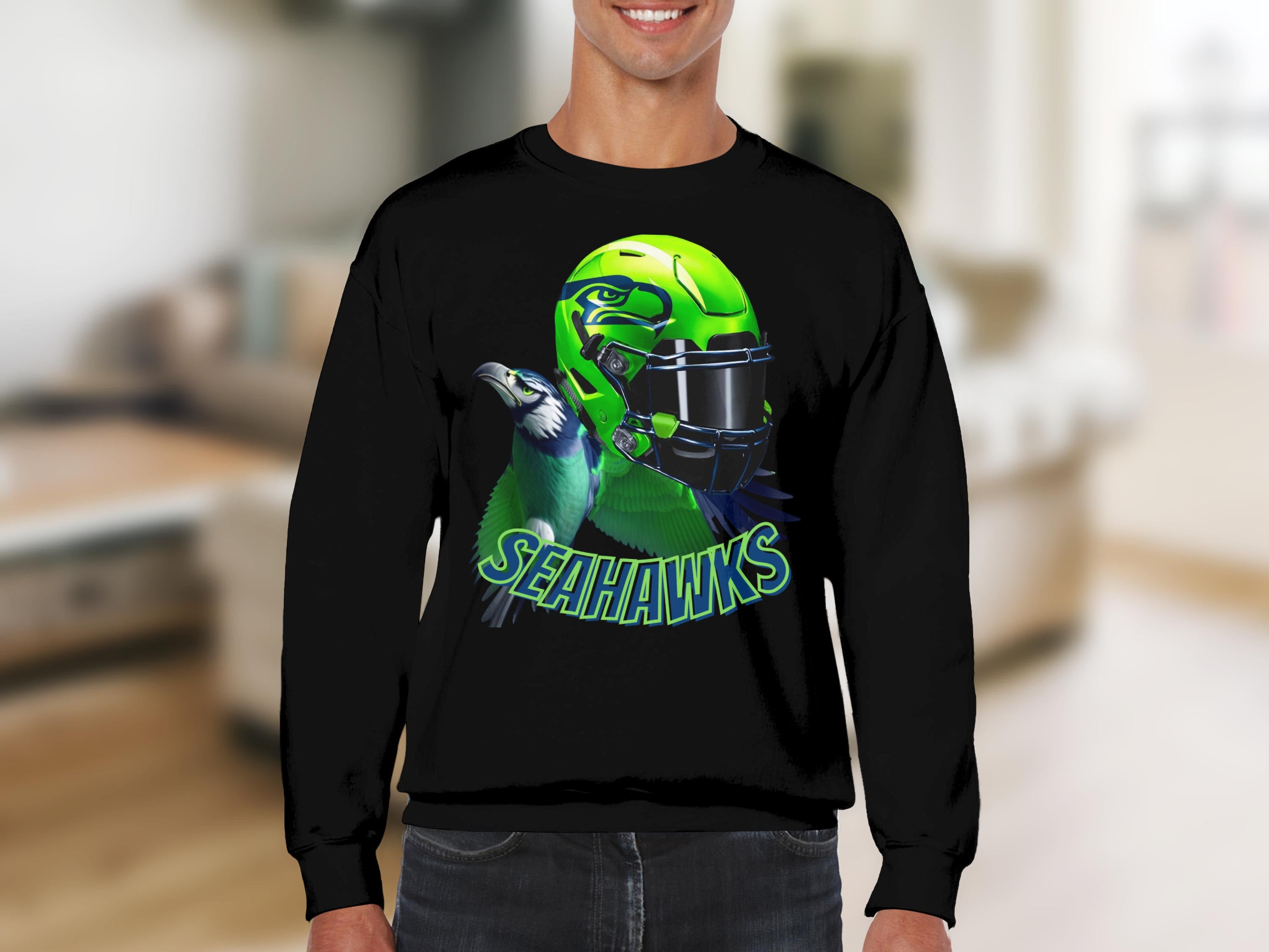 Seahawks Helmet with Hawk Print Black Sweatshirt